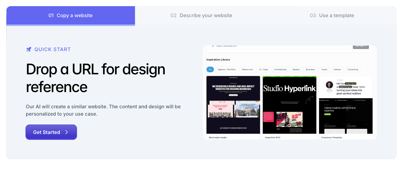 Alpha interface showing URL input and website generation process