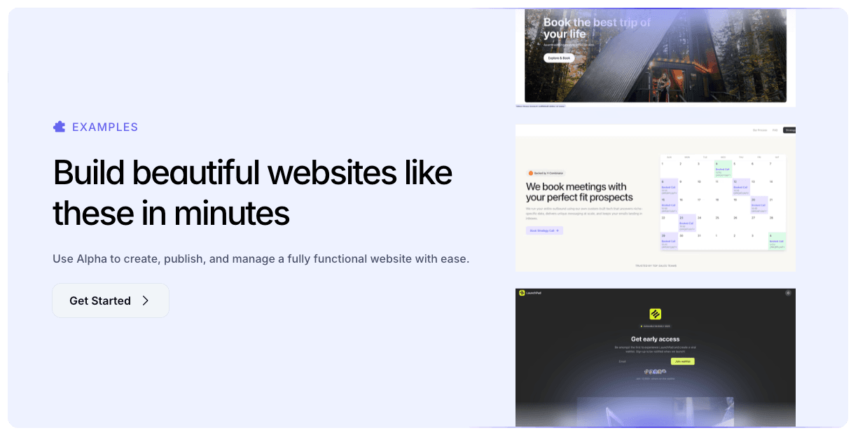 Alpha website builder interface showing generated website examples